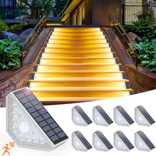 Motion Sensor Solar Stair Lights Outdoor, 8-Pack Super Bright LED Solar Powered Step Lights for Outside, 550LM IP67 Waterproof Outdoor Sensor Lights for Stair Porch Yard Deck, Warm White