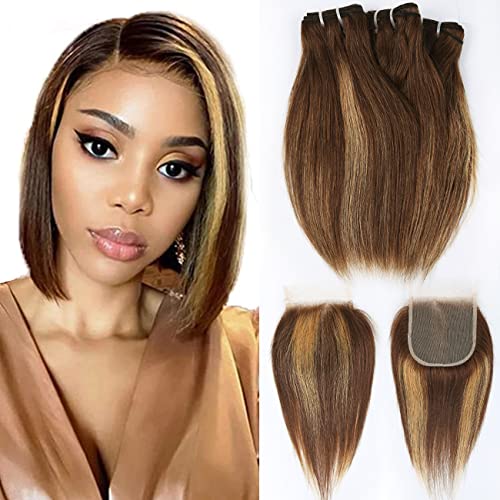 FQ 4/27 Highlight Bundles and Closure Straight P4/27 Human Hair Bundle with Closure(10 10 10+10) Brazilian Ombre Honey Blond Colored Short Bob 50g 3 Bundles with 4x4 Lace Closure