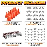 Racing Cars Birthday Decorations - Racecar Centerpiece Decoration Kit for Kids - (12) Orange Traffic Cones, (24) Checkered Flags, Plastic Tablecloth (54"x108") Birthday Banner Race Car Theme (38pcs)