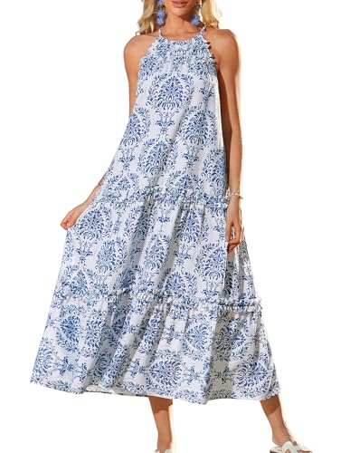 Long Beach Dresses for Women 2025 Vacation Sleeveless Loose Flowy Floral Maxi Dress Summer Casual Halter Sundress Blue 2XL