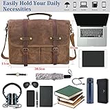 Mens Messenger Bag 15.6 Inch Waterproof Vintage Genuine Leather Waxed Canvas Briefcase Large Leather Computer Laptop Bag Rugged Satchel Shoulder Bag, Brown