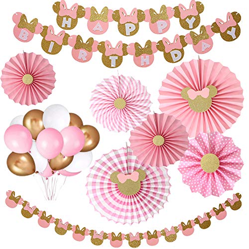 38pcs Minnie party supplies Decor Pink and Gold Minnie Paper Fans Minnie Garland Minnie Happy Birthday Banner Balloons for Girls 1st 2nd 3rd Birthday Decor