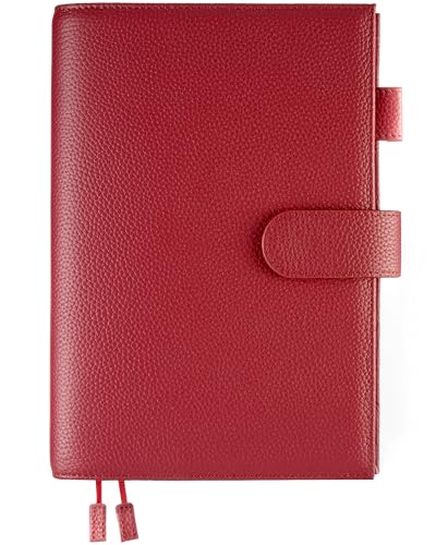 Ox Knight A5 Leather Planner Cover for Hobonichi Cousin, Stalogy, Midori, Leuchtturm1917, and More - with Pen Loop, Card Slots, Back Pocket, and Bookmarks (Red)