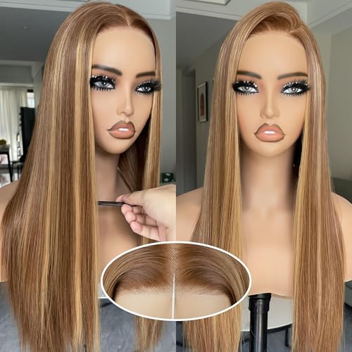 BLL Glueless Wig, Honey Blonde Synthetic Lace Front Wigs for Black Women Pre Plucked Pre Cut 6x4.5 Lace Easy to Wear Put on and Go 26inch Long Straight Highlight Wig