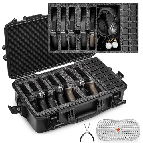 Kinghardcase TSA Gun Case for 7 Handguns - Waterproof & Shock Proof Handgun Case for 7 Pistols & 16 Magazines, Pistol Case Hard Shell for Glock, Beretta, Smith and Wesson