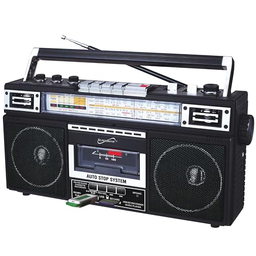 Supersonic SC-3201BT 4 Band Radio & Cassette Player Boombox, Bluetooth Speaker, AM/FM/SW Radio with MP3 Playback, USB & SD Card, 3 Band EQ and Earphone Jack