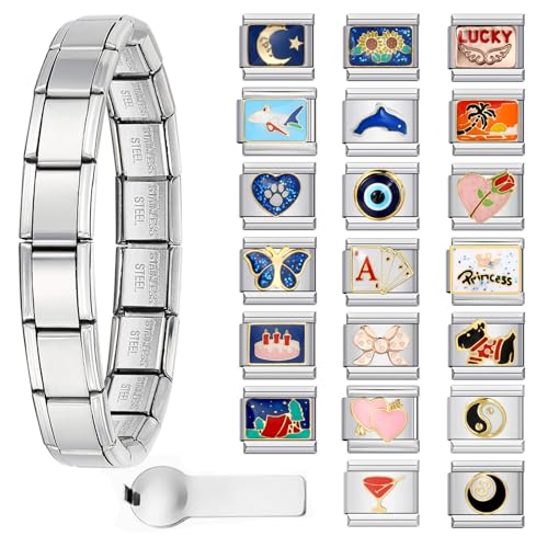 GEMOSA Silver Italian Charm Bracelet Sets with 1Pcs Starter Brascelet, 20Pcs Charms Pack and Opening Tools, 9mm Italian Modular Charm Bracelet Link Handmade DIY Module Jewelry Gifts