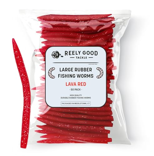 Reely Bass Lures (50 Pack), 5 Inch - Red Bass Fishing Soft Plastic Lures, Rubber Senko Worms for Bass Fishing, Wacky Worm Fish Bait, Fake Worms for Fishing