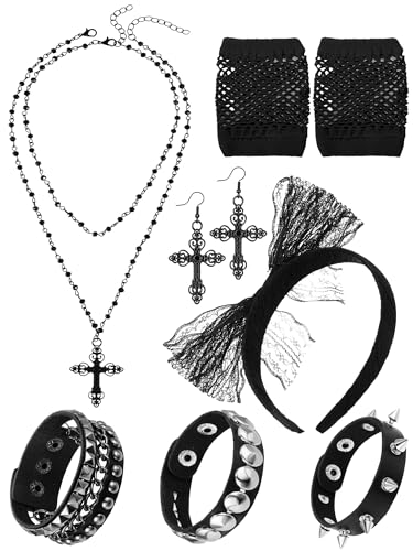 Ecation 7 Pcs 80s Women Costume Accessories Halloween Leather Punk Bracelet Black Cross Necklace Lace Headband Fishnet Glove(Classic Style)
