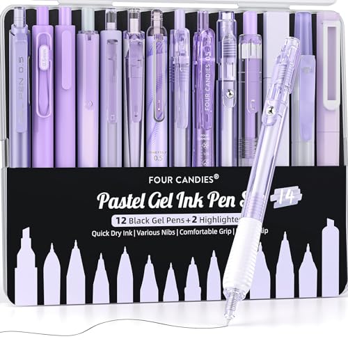 Four Candies 14Pack Pastel Gel Ink Pen Set,Cute Retractable 0.5mm Fine Point Pen,11 Pack Black Ink and 1 Pc Purple Ink Pens with 2Pcs Highlighter for School, Office, Mothers Day Gifts(Purple)