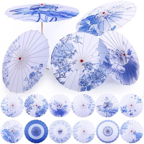 Shinylin 12 Pcs Handmade Chinese Oiled Paper Umbrella Bamboo Silk Chinese Japanese Parasol Flower Art Dance Umbrella(White Blue,Elegant)