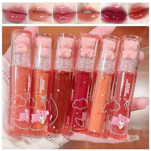 Blopuivo 6 Colors Bear Lip Gloss,Jelly Lip Glaze,Cute Liquid Lipstick Bear Lip Stain Watery Lipgloss Plumping Lip Tint Moisturizing Waterproof Long Lasting for Lip and Cheek