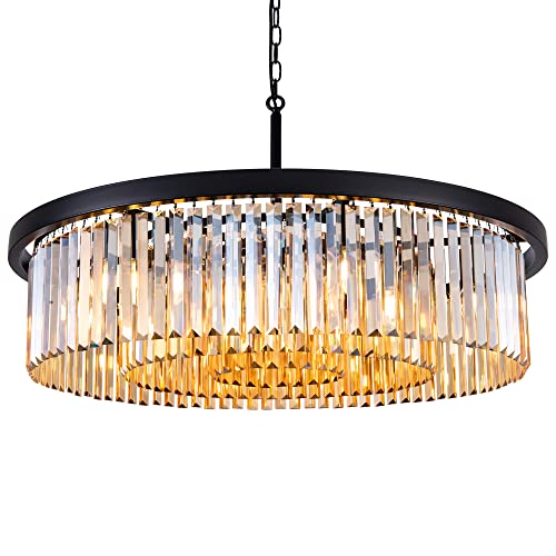 Wellmet Crystal Chandeliers for Dining Room,3 Tiers Black Farmhouse Chandelier for Bedrooms,9 Lights Modern Light Fixture for Kitchen Island,Living Room,Hallway,Golden Teak,W-33.46”