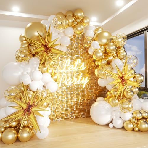 White and Gold Balloons Garland Arch Kit, 130Pcs White Metallic Gold Confetti Balloon with Star Foil Balloons for Birthday Wedding Engagements Graduation Baby Shower Anniversary Party Decorations