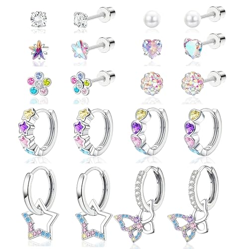 LOFITOR 10 Pairs Hypoallergenic Screw Back Earrings For Women Girls Surgical Steel Small Huggie Hoop Earrings Cute CZ Star Butterfly Dangle Stud Earrings Set For Sensitive Ears Colour