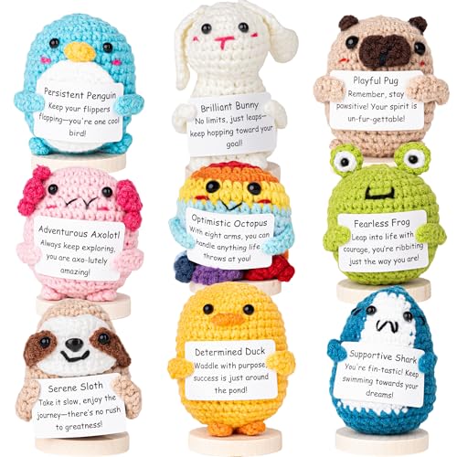 Cheerspace Positive Crochet Animals & Emotional Support Stuffed Animal Bulk Variety Pack w/Stand (9 pc). Handmade Crochet Positive Animals Decor - Desk, Office, College, Ornaments, Coworker, Friend