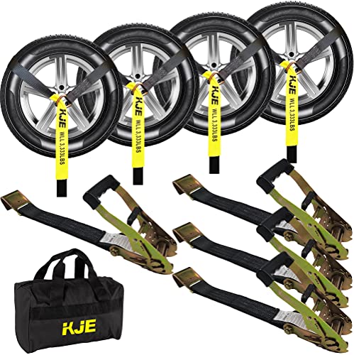 KJE 4 Pack Car Tie Down Straps for Trailers - Tire Ratchet Strap with Flat Hooks - 2" x 10' 10,000LBS Break Strength - Lasso Style Wheel Straps for Hauling UTV, SUV, Any Cars