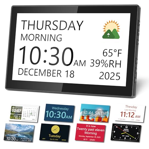 10.1" Digital Clock with Date and Day for Elderly, Digital Calendar with 12 Themes & 9 Colors, AutoDST, 23 Preset Schedules & Customizable, Auto Dimming, Indoor Temperature, Humidity, Easy to Use