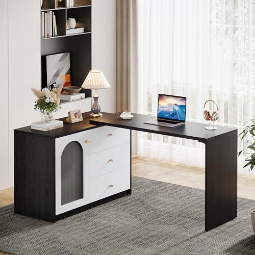 Tribesigns L Shaped Computer Desk with Drawers, Modern Corner Home Office Desk with Reversible Storage Cabinet, Long Study Writing Desk Workstation for Home Office, Black & White