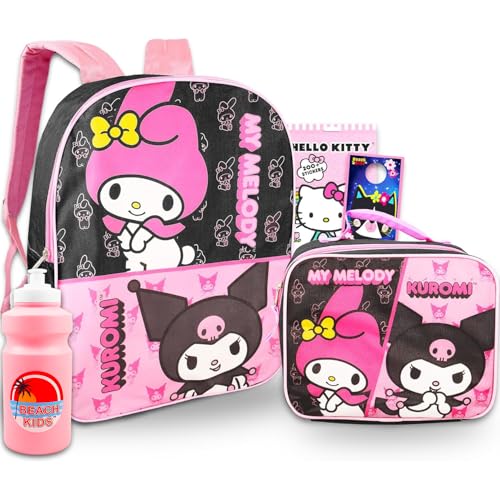 SANRIO My Melody and Kuromi Backpack with Lunch Box Set - Bundle with 16” My Melody & Kuromi Backpack, Lunch Bag, Water Bottle, Stickers, More | Hello Kitty and Friends Backpack for Girls