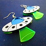 Handmade UFO Nickel Free Flying Saucer Dangle Statement Earrings, Alien Spaceship with Abduction Beam Glows in Blacklight Rave Jewelry