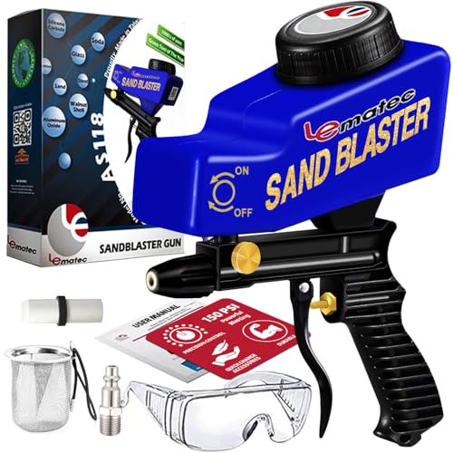 LE LEMATEC Sand Blaster Gun Kit for Air Compressor, Portable Abrasive Media Blaster for Cleaning, Paint & Rust Removal, Works with Aluminum, Sand, Walnut, & Soda, Ideal for Metal & Wood, AS118 Blue