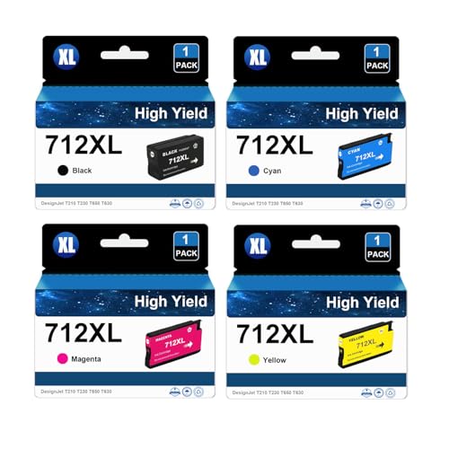 Eficazink 712 712XL High Yield Ink Cartridge Compatible for DesignJet T210 T230 T630 T650 Studio Plotter Printers (3ED71A 3ED67A 3ED68A 3ED69A)