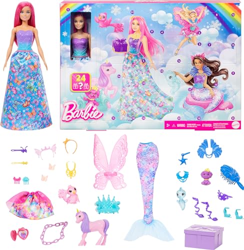 Barbie Advent Calendar with Doll & 24 Surprise Accessories Including Unicorn & 3 Pets, Transform Pink-Haired Fashion Doll into Mermaid, Fairy & More