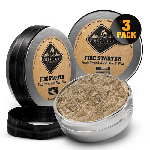 Fiber Light Fire Starter Natural Wood Fiber Tinder, Water Resistant, Survival Kit Camping Kit in Waterproof Tin (3 Pack)