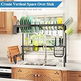 Over The Sink Dish Drying Rack, Adjustable (26.8" to 34.6") Large Dish Drainer Drying Rack for Kitchen Counter with Multiple Baskets Utensil Sponge Holder Sink Caddy, 2 Tier (Black)