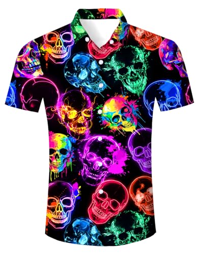 Funny Neon Shirts Hawaiian Bowling Shirts Rave 3D Skull Graphic Button Down Colorful Shirts for Men L