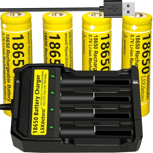 4pcs 1￵8￵6￵5￵0 Rechargeable Batter￵y W￵i￵th 18650 Battery Charger,Universal Smart Charger for 3￵.7V L￵ithium ion Batteries LSXdetoro (4pcs Button Top Batter￵￵y+Charger)