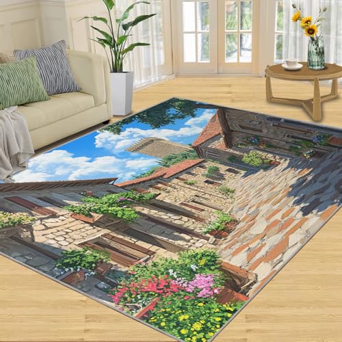 JIMOILE Italian Rug 6x8 Rugs Mediterranean Street Rug for Bedroom, Italian Countryside Washable Rugs, European Scenic Home Decor & Gifts