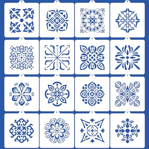 16 Pcs Scroll Tile Cookie Stencils, 5.5"x5.5" Floral Baking Stencils for Royal Icing, Cake Decorating Pattern DIY Mold Tools for Biscuit, Dessert, Coffee