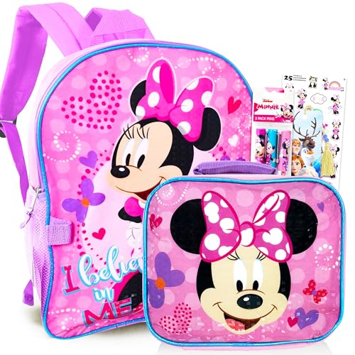 Disney Minnie Mouse Backpack with Lunch Box for Girls 5 Pc Bundle ~ Deluxe 16" Minnie Bag, Insulated Lunch Bag, Stickers, and More (Minnie Mouse School Supplies)