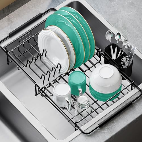 Expandable Dish Drying Rack Over The Sink, Adjustable Dish Rack in Sink, Dish Drainer for Kitchen Counter, Dish Strainer with Utensil Holder, Matte Black