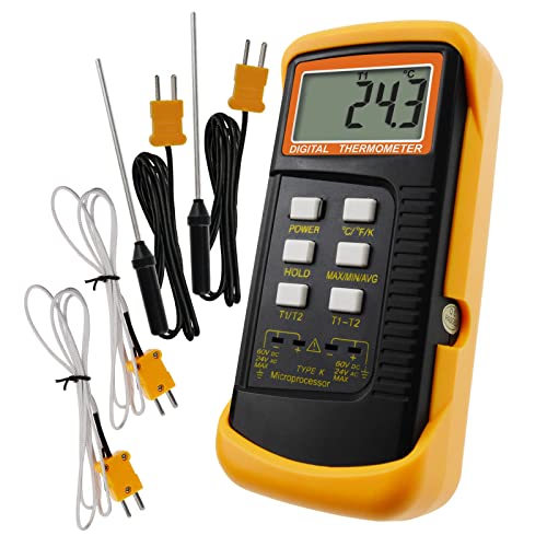 Digital K Type HVAC Thermometer with 4 Thermocouples, MAX/MIN/AVG Temperature Measurement, -501300C (-582372F)