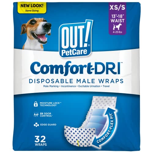 Out! PetCare Disposable Male Dog Wraps, Male Wraps for Dogs, Pee Wraps, Belly Bands for Dogs, Leak Proof, Wetness Indicator, Puppy and Doggie Diaper for Peeing, XS/Small, 32 Count