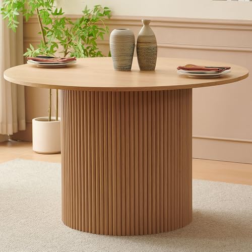 somedream 47" Round Dining Table for 4, Modern Farmhouse Wood Veneer Top with MDF Striped Base, Kitchen & Dining Room Tables - Oak Color