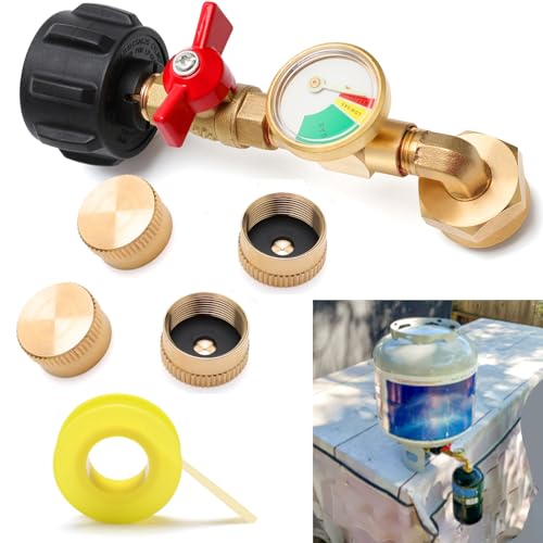 Windspeed Propane Refill Adapter with Valve and Gauge, QCC1 / Type1 Propane Refill Elbow Adapter 1lb to 20lb Propane Tank Adapter with 1 LB Propane Bottle Cap and Roll Sealing Tape for Camping Gill