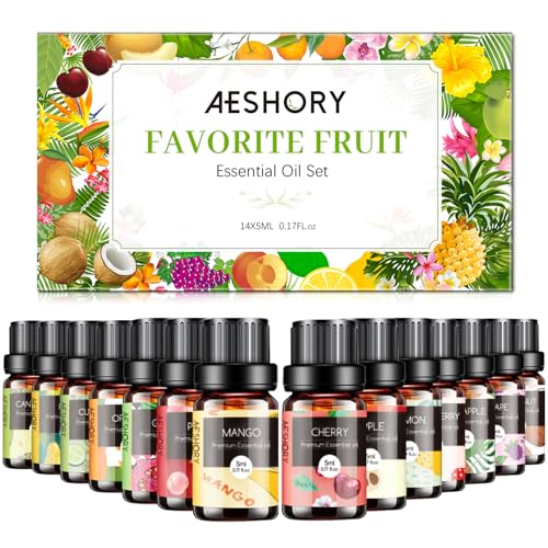 Fruity Essential Oils Set - TOP 14 Fragrance Oil for Diffusers, Candle Making Includes Strawberry, Apple, Pineapple, Cucumber Melon, Cherry, Mango, Lemon, and Orange Scented Aromatherapy Oils (5ml)