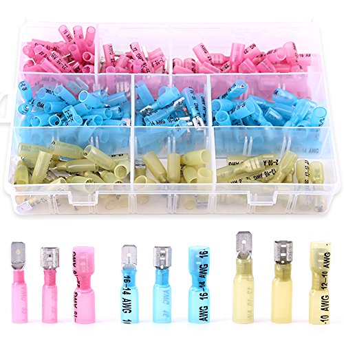 Glarks 200pcs 22-16/16-14/12-10 Gauge Nylon Heat Shrink Waterproof Fully/Semi Female/Male Electrical Insulated Spade Quick Splice Crimp Terminals Connectors Mix Assortment Kit