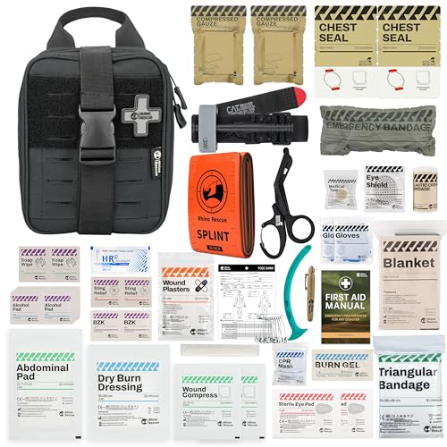 RHINO RESCUE IFAK Trauma Kit with C-A-T Tourniquet, Tactical First Aid Kit Molle Pouch for Military, Combat, Car, Camping, Hiking, Travel (Black)