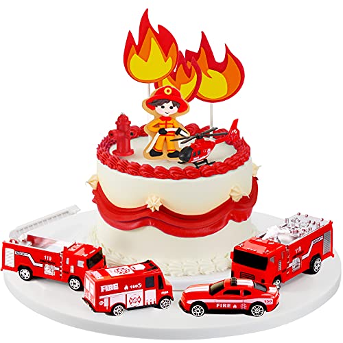 15 Pieces Fire Truck Cake Topper Fireman Cupcake Firetruck Birthday Decorations for Fireman Fire Trucks Birthday Party Cake Decoration Supplies