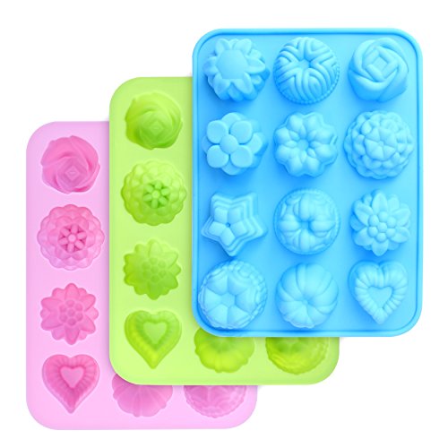 homEdge Food Grade Silicone Flowers Molds, Baking Pan with Flowers and Heart Shape Non-Stick 3-Pack Silicone Molds for Chocolate, Candy, Jelly, Ice Cube, Muffin (Pink, Blue and Green)
