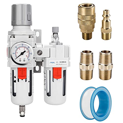 NANPU 3/8" NPT Compressed Air Filter Regulator Lubricator Combo, Water/Oil Trap Separator - Gauge(0-150 psi), Poly Bowl, Semi-Auto Drain, Bracket