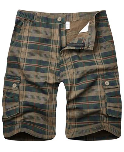 zeetoo Cargo Shorts for Men Multi Pocket Loose Fit Cotton Camo Shorts Knee Length Tactical Belt Waist Shorts Plaid Green 32