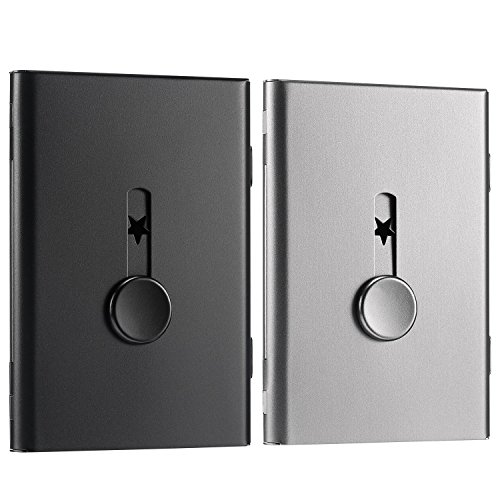 Tatuo 2 Pack Thumb Drive Business Card Holder Stainless Steel Business name Card Case Portable Slide Out name holder Wallet Nice Design pocket for Men and Women(Black/Gray)
