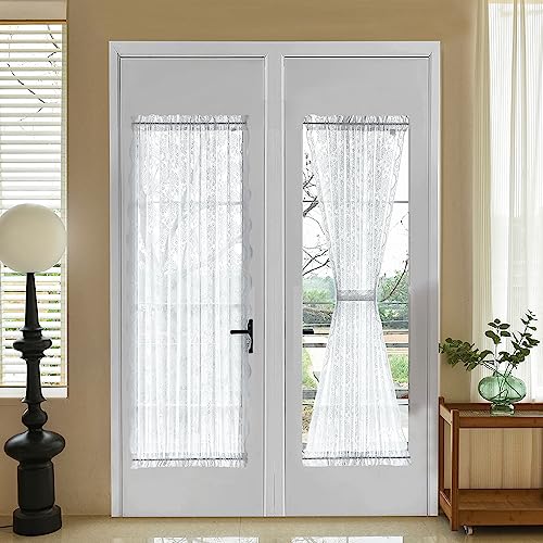 TUDECO Lace French Door Curtains Set of 2- White Sheer Curtains for Door Window with 2 Tiebacks, Rod Pocket Privacy Elegant Floral Curtains for Front Door, Glass Door and Patio Door W52 x L72 White