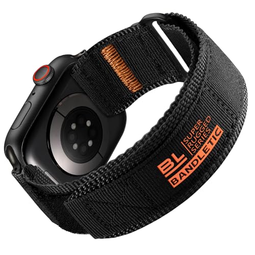 Bandletic Rugged Nylon Band Compatible with Apple Watch Bands for Men 46mm 45mm 44mm 49mm 42mm, Soft Tactical Adjustable Sports Woven Loop Strap for iWatch Ultra Series 10 9 8 7 SE 2 6 5 4 3 1, Black